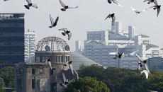 Голуби над единственным уцелевшим в Хиросиме здании после ядерной бомбардировки Голуби над единственным уцелевшим в Хиросиме здании после ядерной бомбардировки