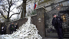 Демонстранты соорудили пирамиду из пластиковых рук у посольства РФ в Лондоне Демонстранты соорудили пирамиду из пластиковых рук у посольства РФ в Лондоне