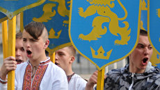 Участники марша в честь годовщины создания дивизии СС Галичина во Львове. Архивное фото Участники марша в честь годовщины создания дивизии СС Галичина во Львове. Архивное фото