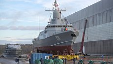 Малый ракетный корабль Буря проекта 22800 перед началом спуска на воду на Ленинградском судостроительном заводе Пелла в Ленинградской области. 23 октября 2018 Малый ракетный корабль Буря проекта 22800 перед началом спуска на воду на Ленинградском судостроительном заводе Пелла в Ленинградской области. 23 октября 2018